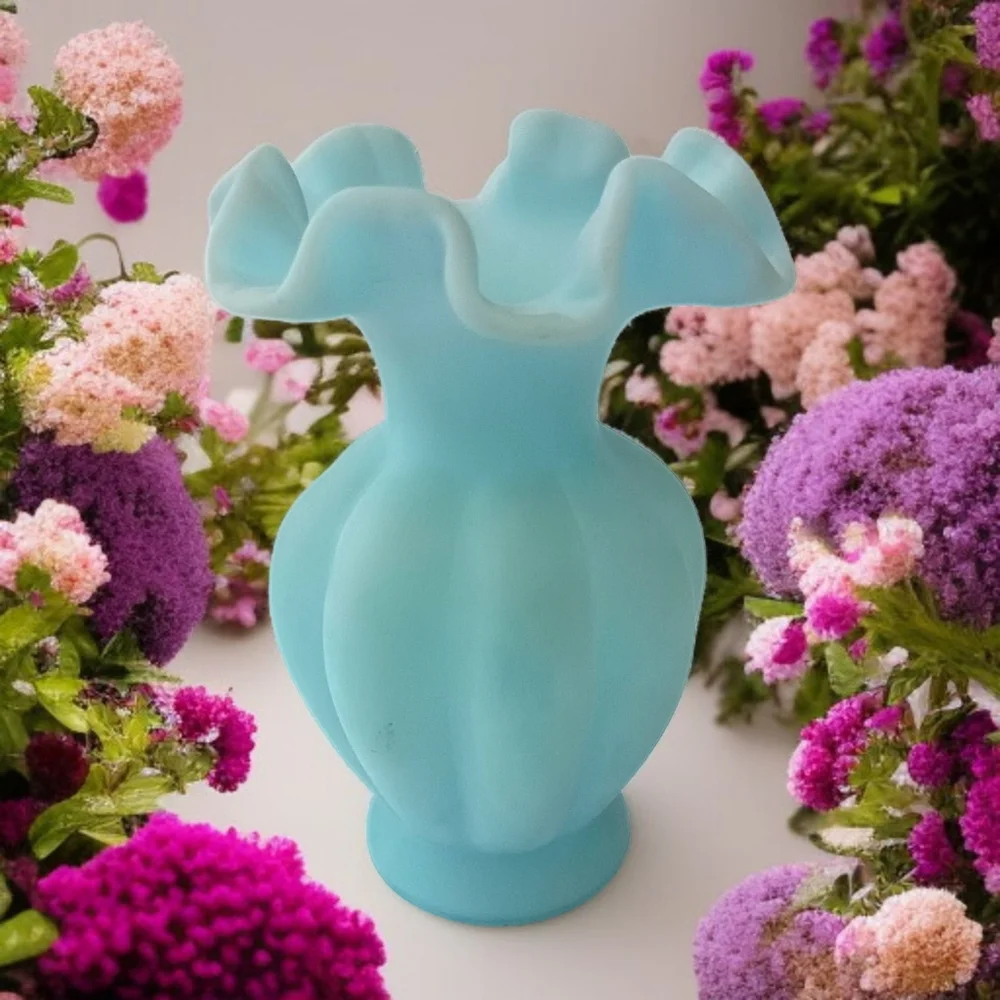 Fenton Satin Art Glass Vase Sky‎ Blue Melon Ruffled Edge Vintage Cottage Garden